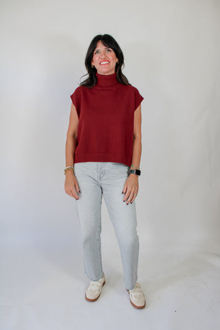 Hi-Lo Sleeveless Turtleneck Sweater - Burgundy