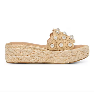Caper Pearl Embellished Raffia Platform Slide Sandals