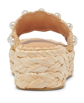 Caper Pearl Embellished Raffia Platform Slide Sandals