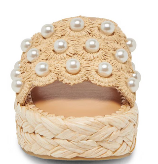 Caper Pearl Embellished Raffia Platform Slide Sandals
