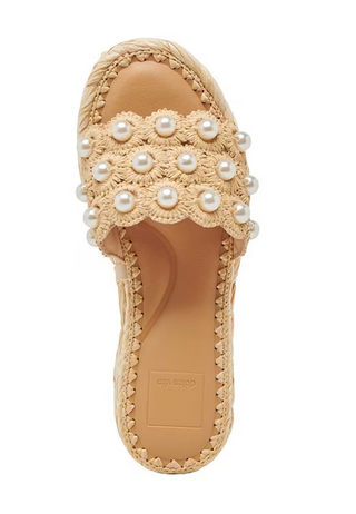 Caper Pearl Embellished Raffia Platform Slide Sandals
