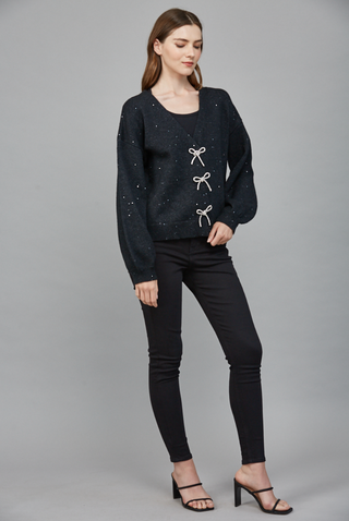 Rhinestone Bow Mixed Yarn Cardigan