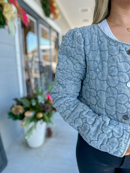 Daisy Pattern Quilted Denim Jacket