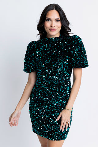 Sequin Puff Sleeve Open Back Dress - Emerald
