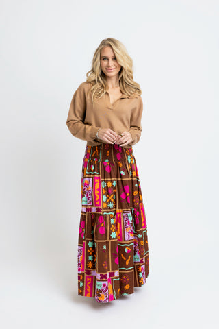 Brown Abstract Smocked Maxi Skirt