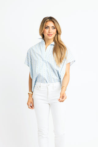 Floral Stripe V-Neck Collar Top