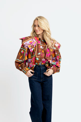 Brown Abstract Peter Pan Collar Top