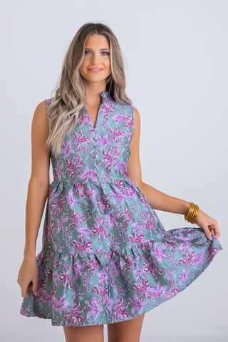 Floral Tier Tapestry V-Neck Dress