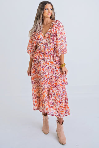 Abstract Ruffle Midi Dress