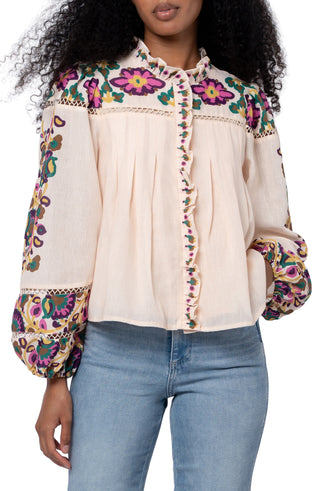 Isme Printed Ruffle Blouse with Ladder Trim