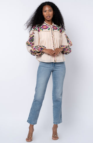 Isme Printed Ruffle Blouse with Ladder Trim