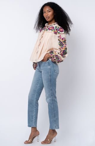 Isme Printed Ruffle Blouse with Ladder Trim