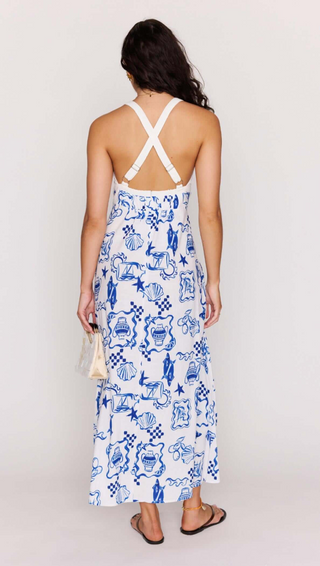 Blue Summer Cotton Blend Halter Neck Midi Dress