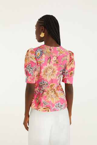 Pink Ligia Floral Puff Sleeve Organic Cotton Blouse