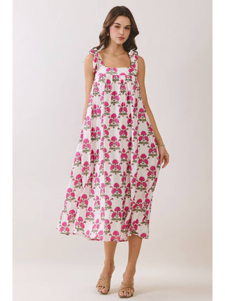 Floral Print Back Smocked Tie Strap Midi Dress