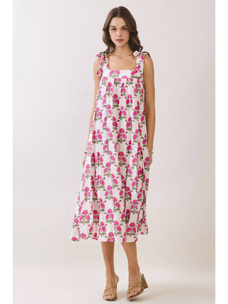 Floral Print Back Smocked Tie Strap Midi Dress