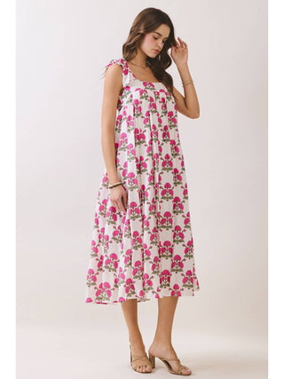 Floral Print Back Smocked Tie Strap Midi Dress