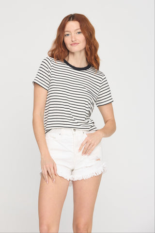 Nera Crew Neck Strip Tee in Ivory and Black