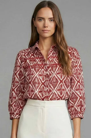 Batik Echo Geometric Print Button-Front Blouse