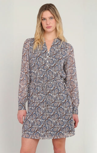 Belted Button Paisley Dress