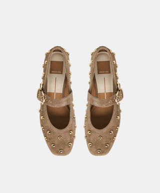 Mikel Stud Ballet Flats-Olive Suede