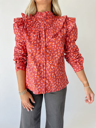 Leopard Poplin Ruffle Top