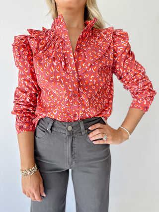 Leopard Poplin Ruffle Top