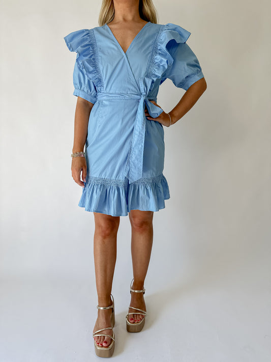 Solid Poplin Wrap Ruffle Dress