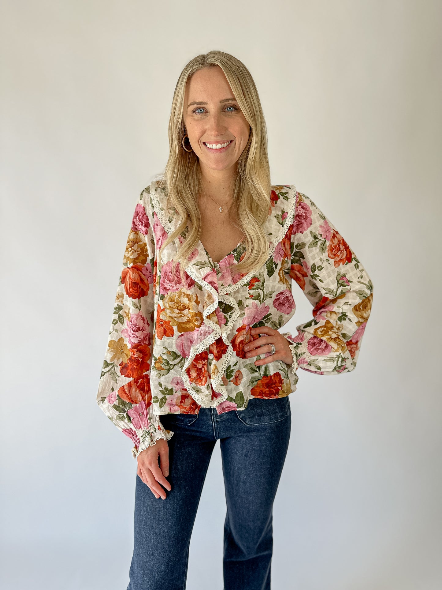 Lydia Ruffle Top - Ivory Hillside Floral