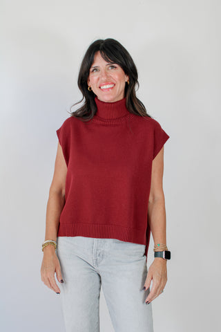 Hi-Lo Sleeveless Turtleneck Sweater - Burgundy