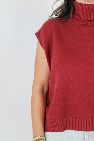 Hi-Lo Sleeveless Turtleneck Sweater - Burgundy