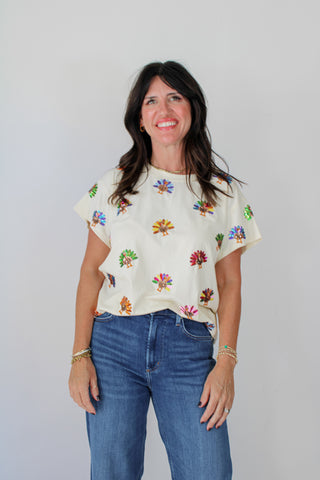 Queen of Sparkles Beige Multi Turkey Tee