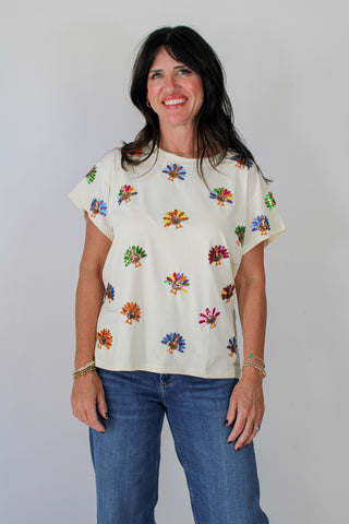 Queen of Sparkles Beige Multi Turkey Tee