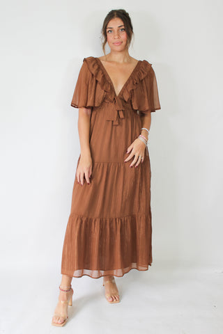 Shimmer Brown Metallic Tiered Midi Dress M Shimmer Brown Metallic Tiered Midi Dress M