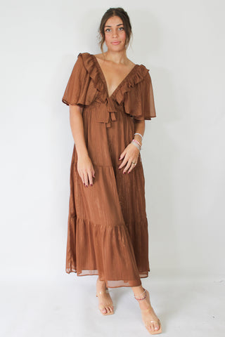 Shimmer Brown Metallic Tiered Midi Dress M Shimmer Brown Metallic Tiered Midi Dress M