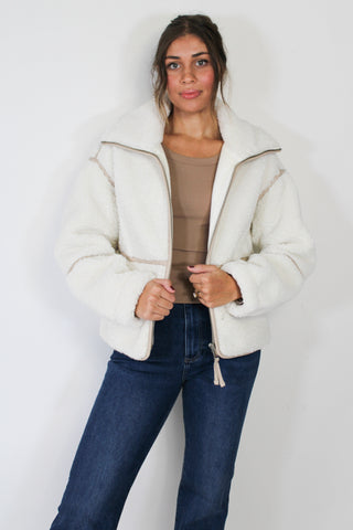 Faux Fur Shearling Trim Zip Jacket