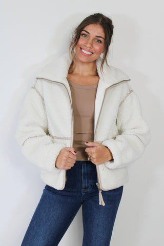 Faux Fur Shearling Trim Zip Jacket