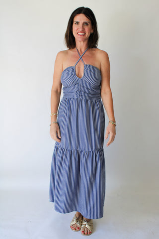 Aeries Halter Dress - Azure Stripe Medium Aeries Halter Dress - Azure Stripe Medium