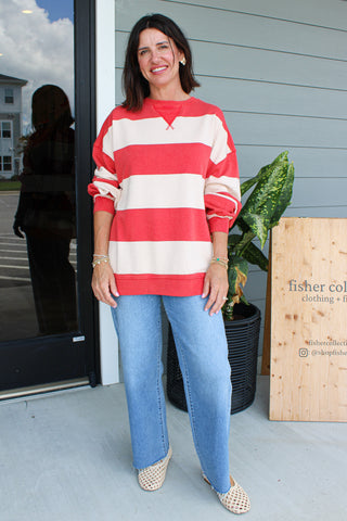 Classic Striped Oversized Crewneck- Cherry Combo