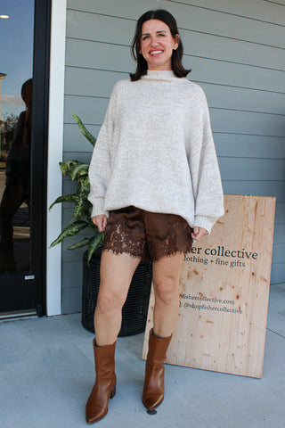 Brown Lace Trim Satin Shorts
