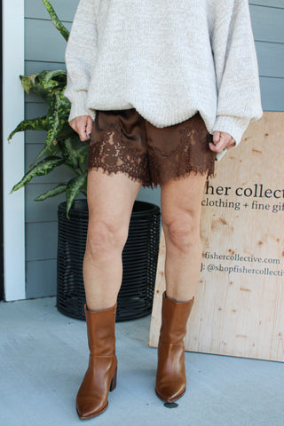 Brown Lace Trim Satin Shorts