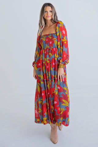 Floral Chiffon Smock Tiered Maxi Dress