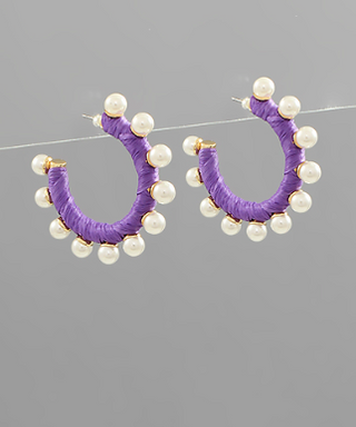 Purple Raffia & Pearl Earrings