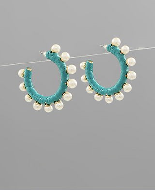 Teal Raffia & Pearl Earrings