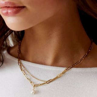 Renee Double Chain Pearl Choker Necklace - Gold