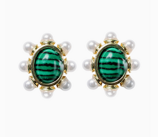 Green Malachite & Pearl Oval Stud Earrings