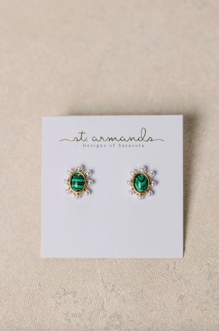 Green Malachite & Pearl Oval Stud Earrings