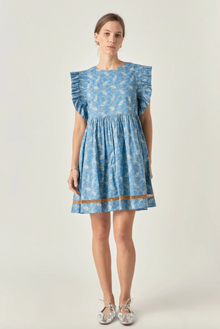 Paisley Print Ruffle Sleeve Mini Dress