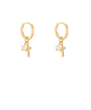 Pave Cross Pearl Huggie Hoops