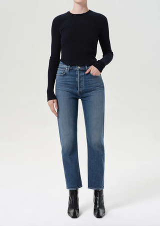 90's Pinch Waist Crop Denim in Overcast